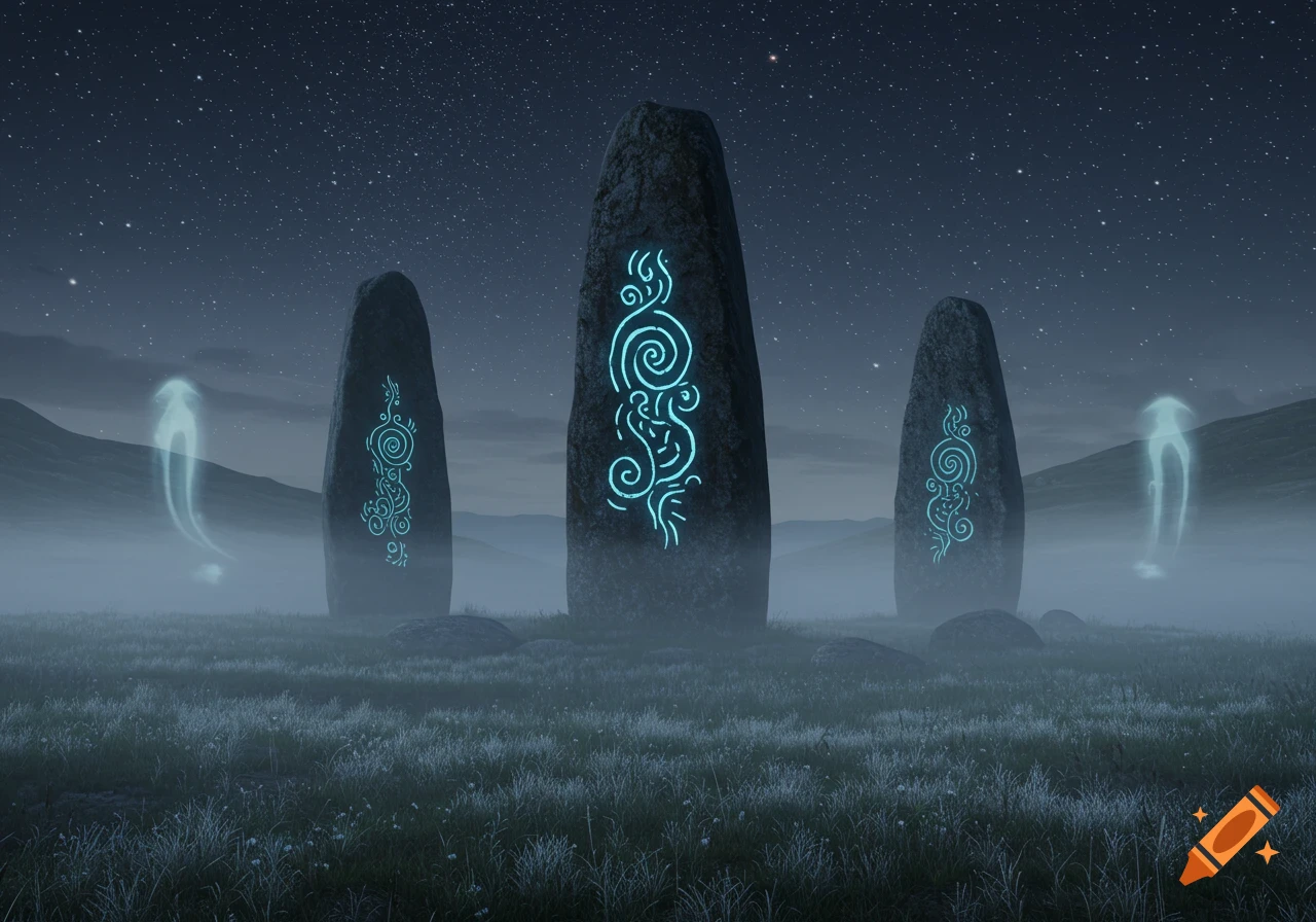 Three ancient standing stones with glowing blue symbols and two ghostly figures in a misty field under a starry night sky.