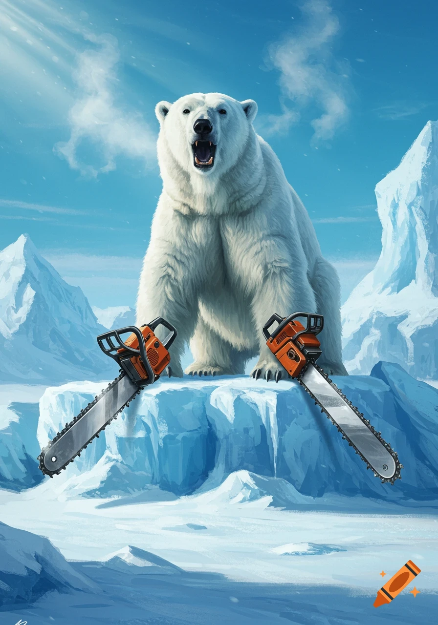 A roaring polar bear sits on an ice floe, flanked by two chainsaws. It's a stylized digital painting of an arctic landscape with mountains and a blue sky.