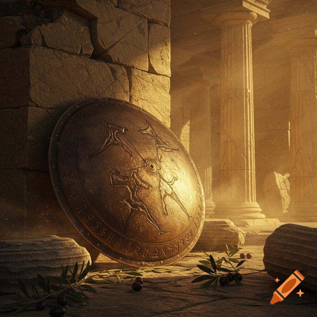 A bronze Spartan shield with embossed figures leaning against stone ruins in an ancient temple, bathed in golden light.