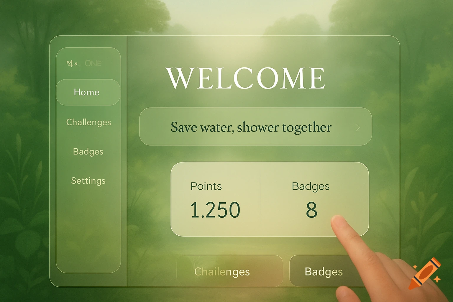 A digital UI screen with a 'WELCOME' message, navigation menu, a 'Save water, shower together' tip, and a section displaying 'Points' and 'Badges'.