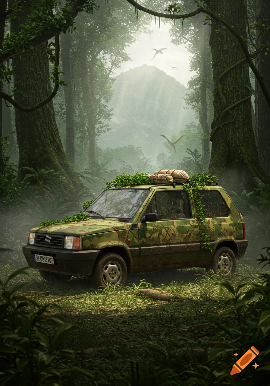 Camouflage Fiat Panda covered in vines in a dense, misty jungle, with pterodactyls flying over a distant mountain.