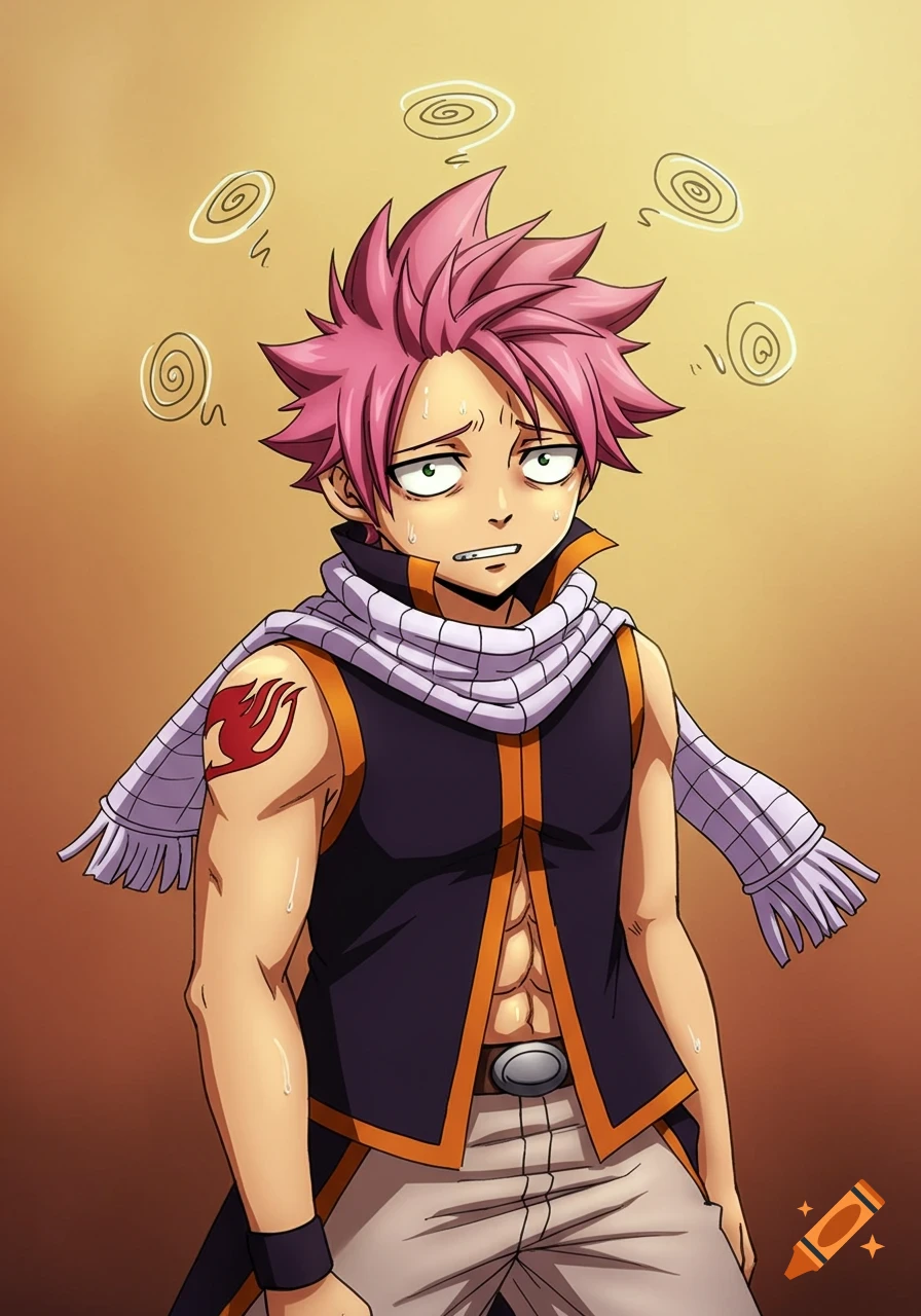 An anime character with pink spiky hair, wearing a vest and scarf, looks queasy with sweat and dizzy swirls above his head.
