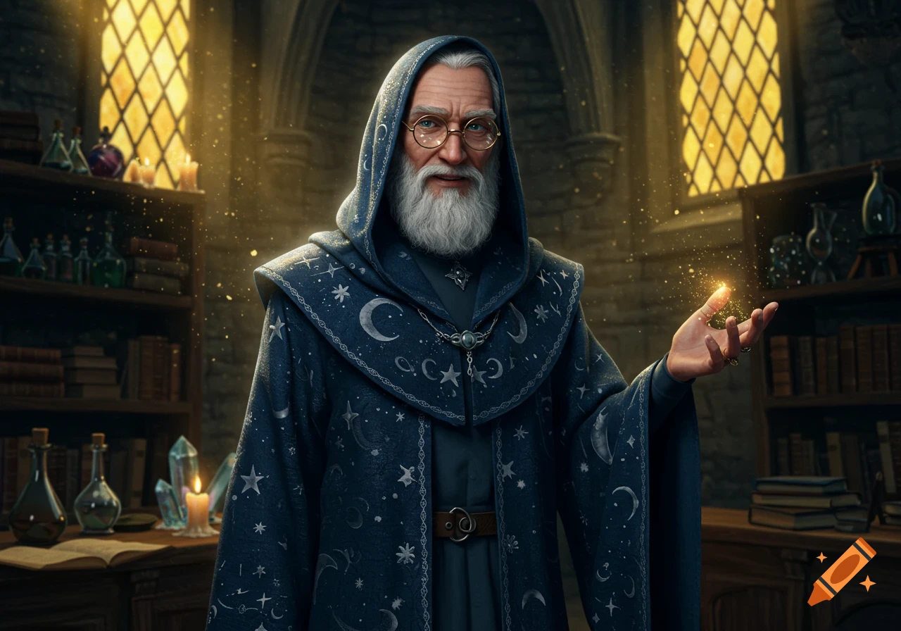 A detailed portrait of an old wizard with a white beard, wearing a starry blue robe, casting magic in a candlelit chamber.