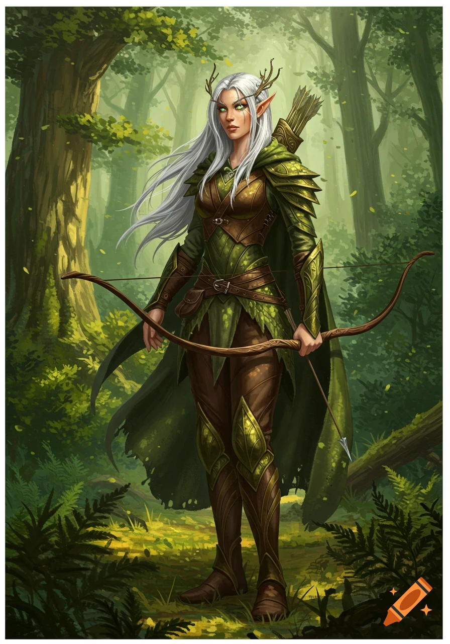 A female elf ranger with white hair and green eyes, in green armor, stands in a forest holding a bow. Detailed fantasy illustration.