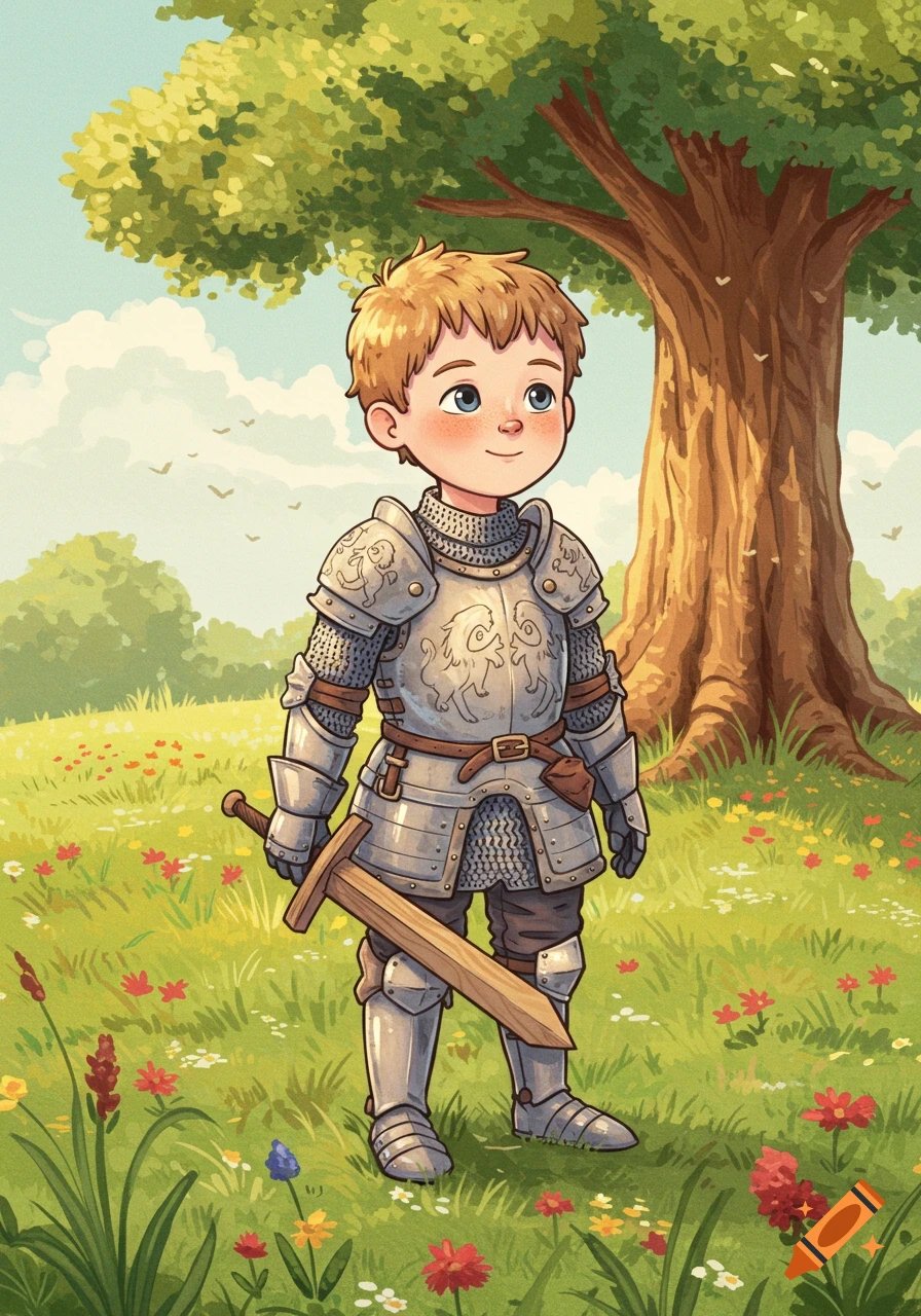 Cartoon illustration of a smiling little boy in silver armor holding a wooden sword in a sunny field with flowers and a tree.