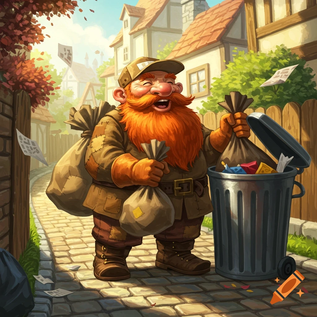 A smiling, red-bearded dwarf garbage collector in a cap puts trash bags into a bin on a cobbled street, cartoon style.
