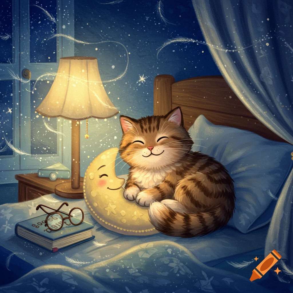 A happy, sleepy brown tabby cat cuddles a smiling crescent moon pillow in a cozy bed at night, illustrative style.