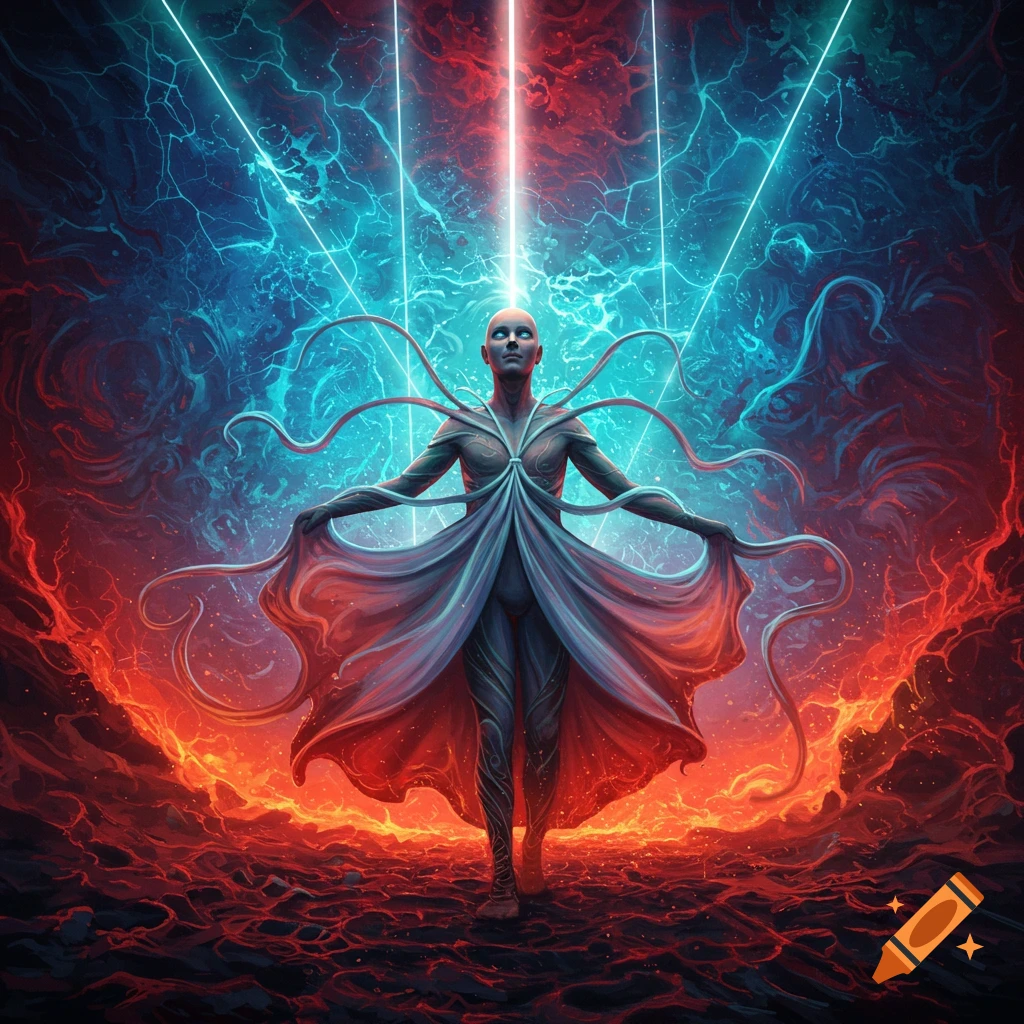 A pale, bald figure in a flowing gown stands with arms outstretched amidst swirling blue and red energy, with light beams from above.