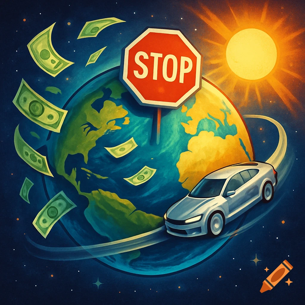 Stylized illustration of Earth in space with floating money, a red STOP sign, a silver car orbiting, and a bright sun.