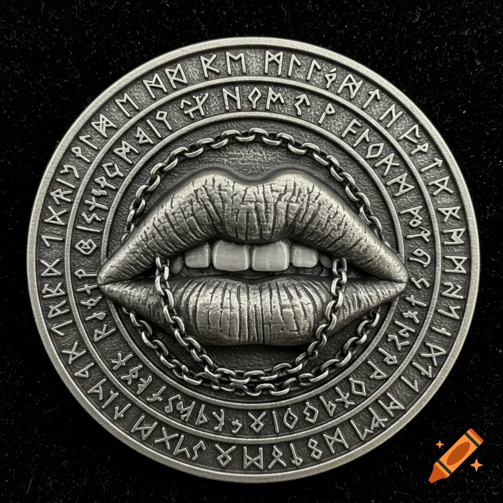 Photorealistic silver medallion with chained lips surrounded by etched runes.