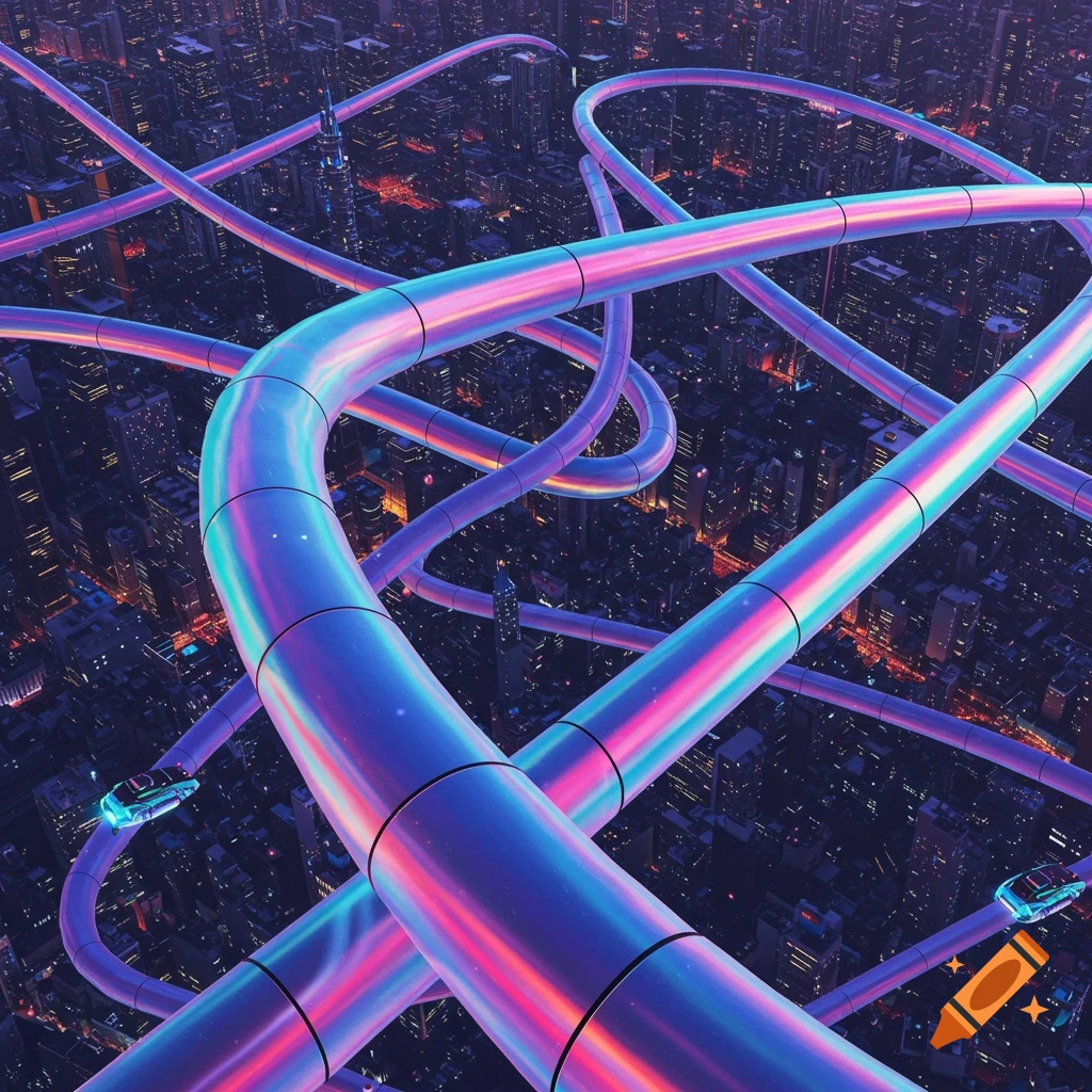Vibrant prismatic pipelines crisscross above a sprawling, illuminated futuristic city at night, with small flying vehicles.