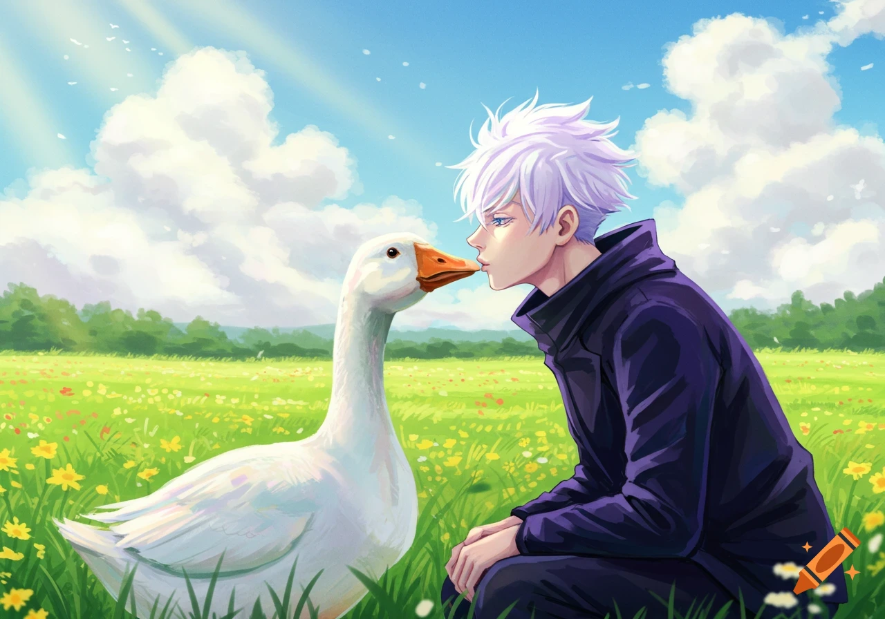 Anime character Gojo from Jujutsu Kaisen kneels in a sunny flower field, about to kiss a white goose.