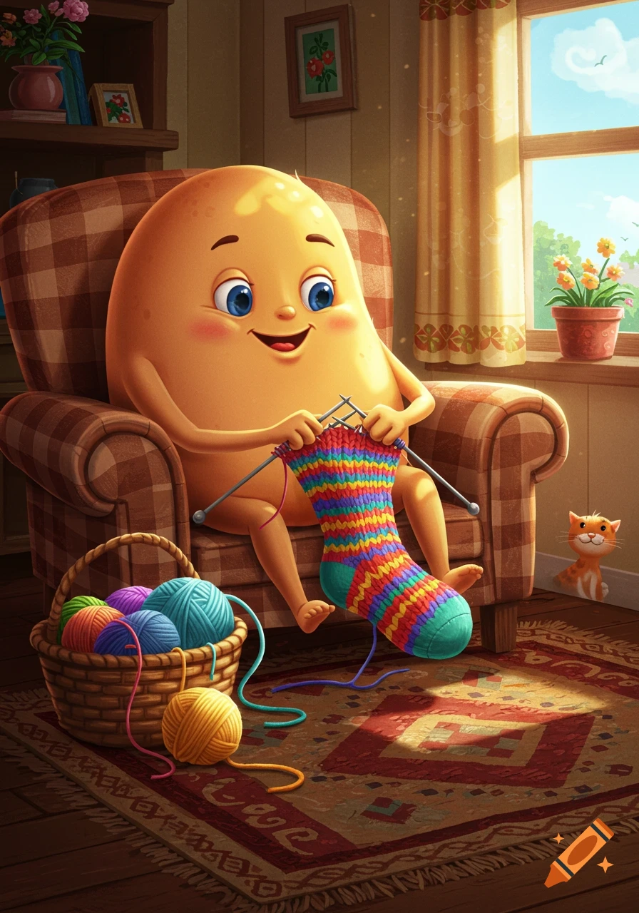 A happy cartoon potato-like character sits in an armchair knitting a colorful striped sock in a cozy, sunny room with a kitten nearby.