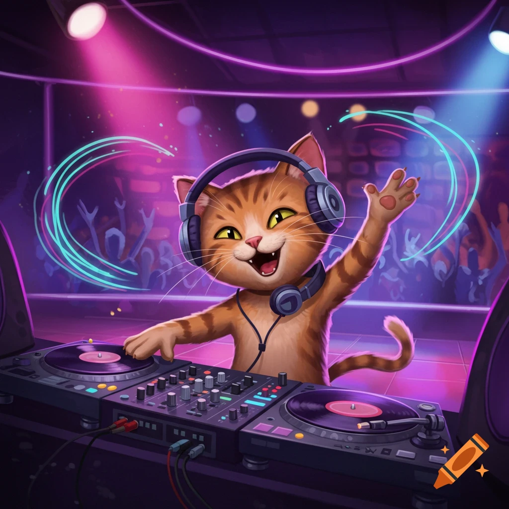 A cheerful, cartoon cat DJ in headphones plays music on turntables in a neon-lit club, raising a paw.