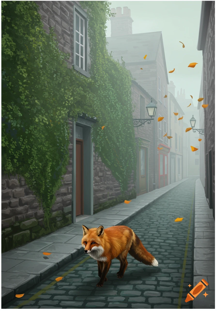 A red fox walks on a cobblestone street in a misty, ivy-covered alleyway with autumn leaves, in an illustrative style.
