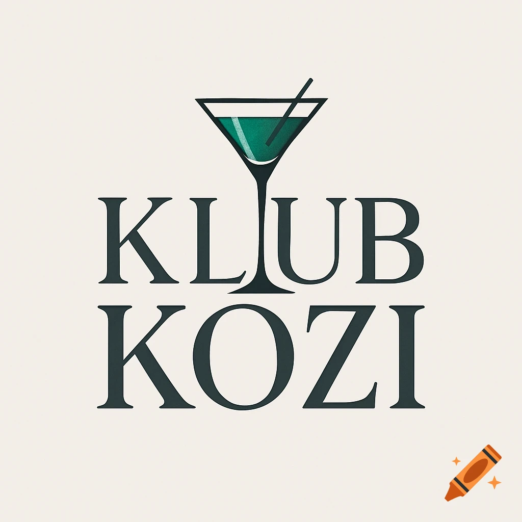 Minimalist logo featuring a green martini glass above the words 'KLUB KOZI' in a serif font, on an off-white background.