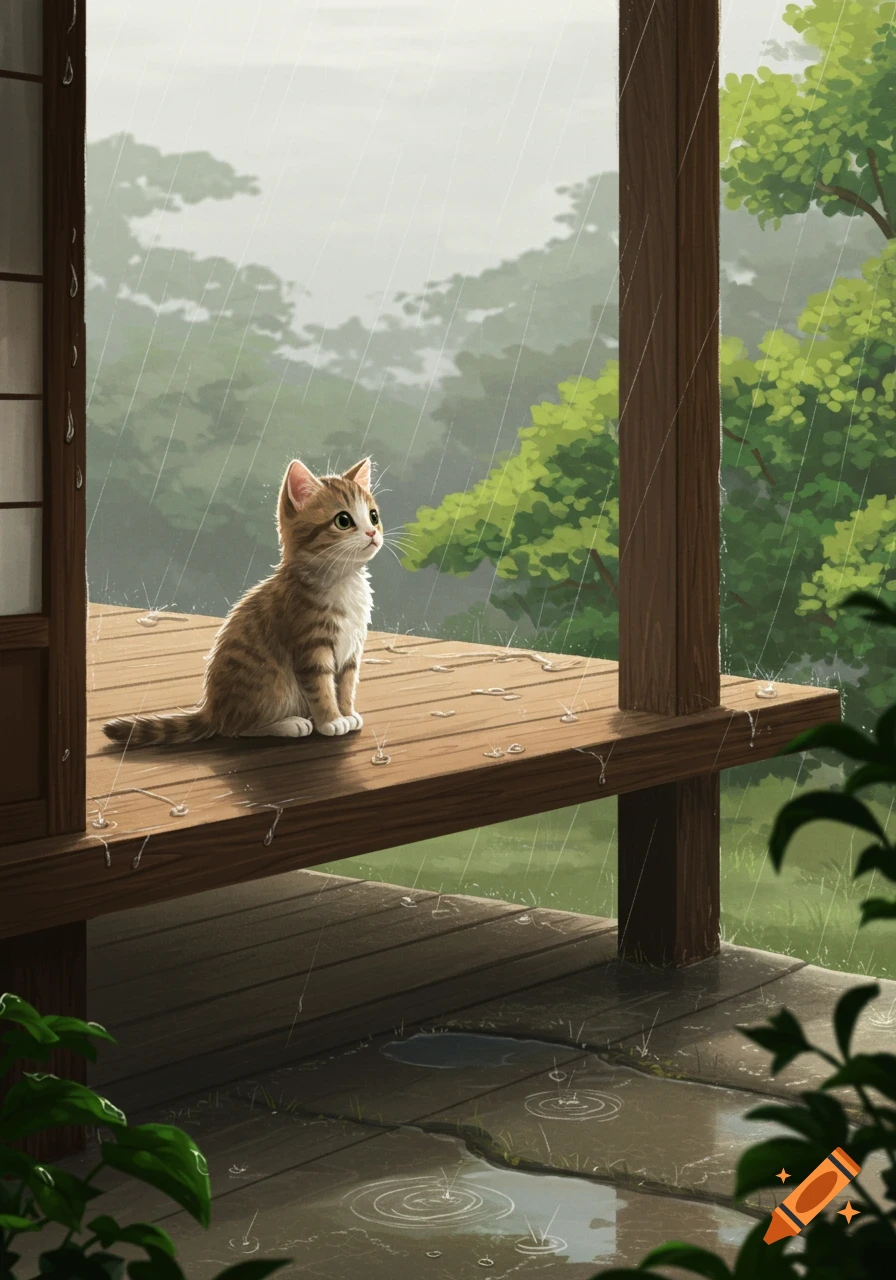 A cute tabby kitten sits on a wooden porch during a gentle rain, looking up at the sky. Illustrated in an anime style.