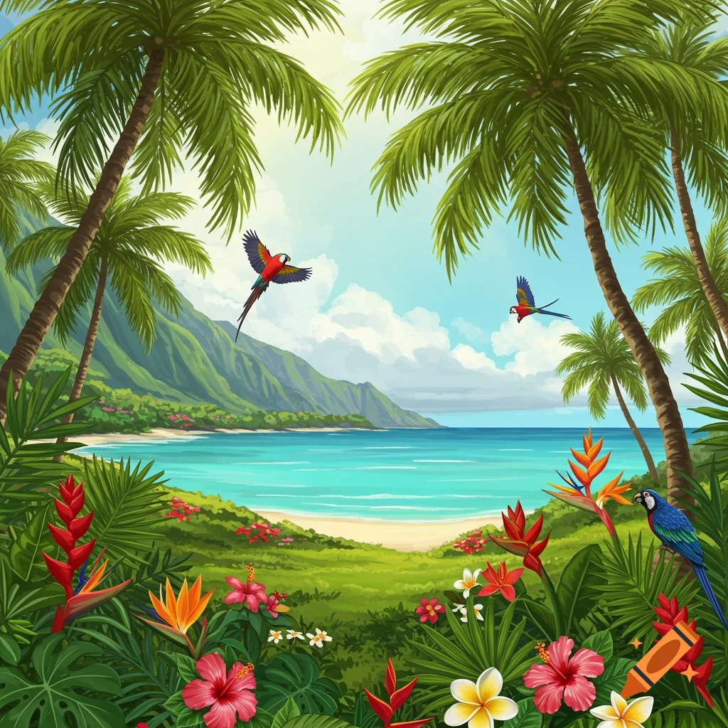 Vibrant illustration of a tropical Hawaiian beach. Palm trees frame a turquoise ocean, sandy shore, mountains, lush flowers, and flying parrots.