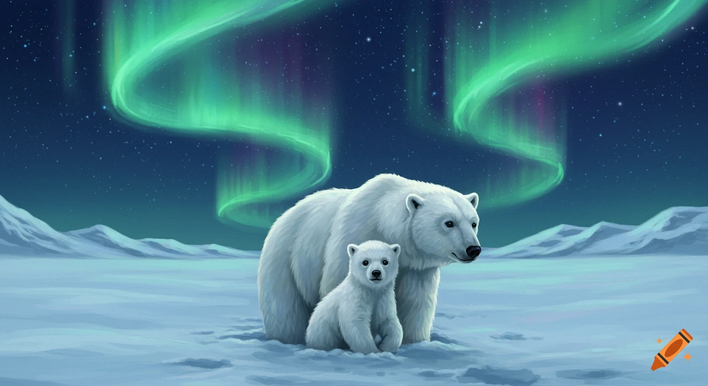 An illustration of a mother polar bear and her cub sitting in the snow under vibrant green Northern Lights.