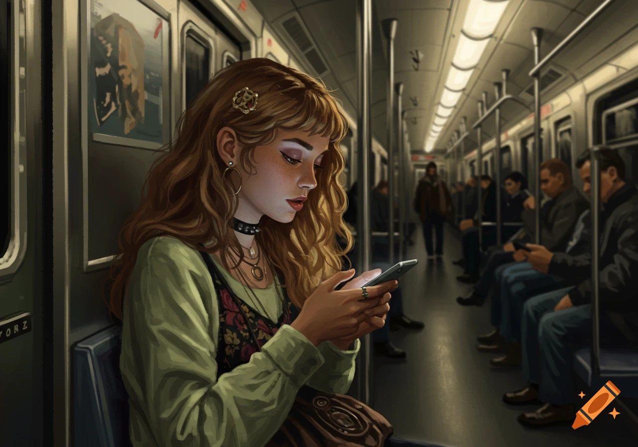 Illustrated young woman with long curly hair sits on a subway train, looking intently at her smartphone. Other passengers are blurred in the background.