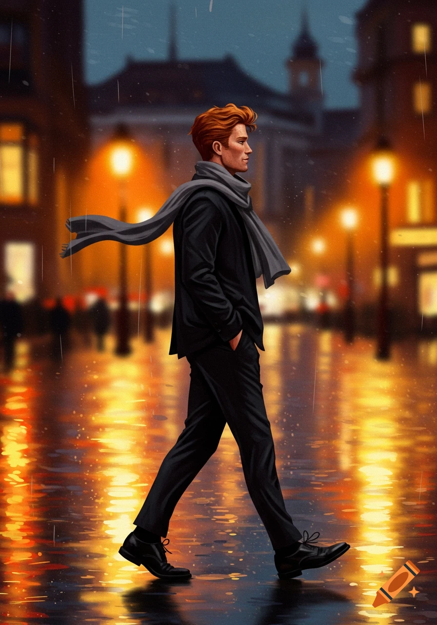Digital painting of a red-haired man in a black suit and gray scarf walking a rainy city street at night, with glowing reflections.