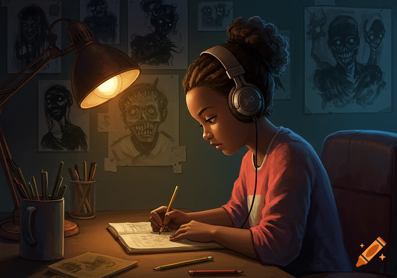 A black girl with headphones draws in a sketchbook at a desk under a lamp, surrounded by creepy sketches on the wall, in an illustrative style.