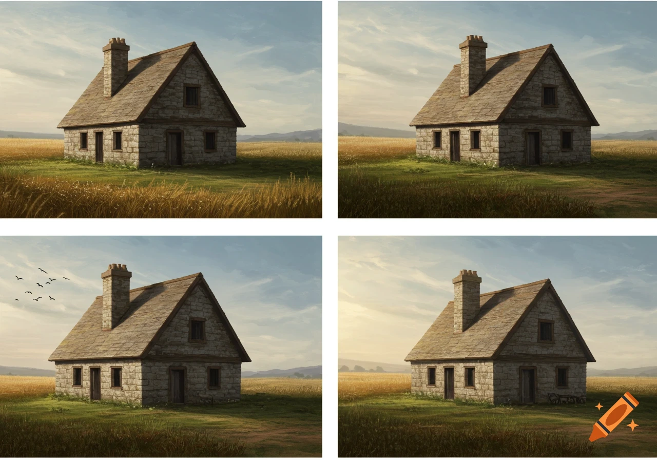 Four images showing a stone house with a gable roof in a grassy field under a cloudy sky, from different perspectives.