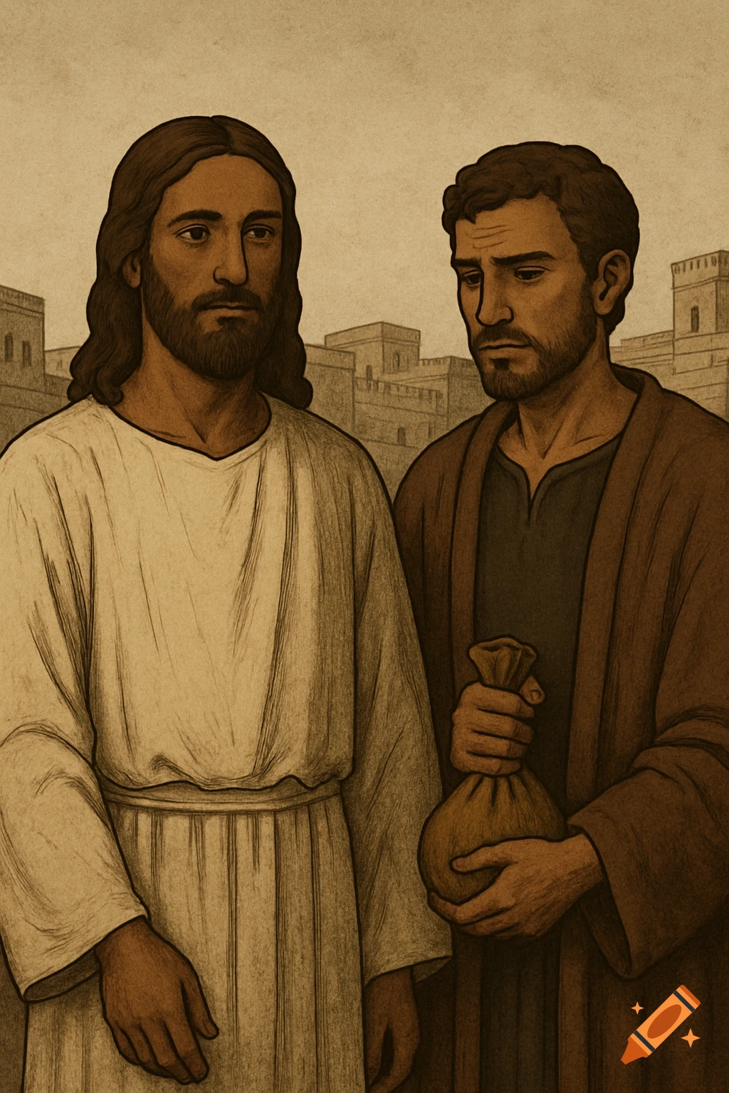 Digital illustration of calm Jesus and somber Judas holding a money bag, standing in an ancient city.