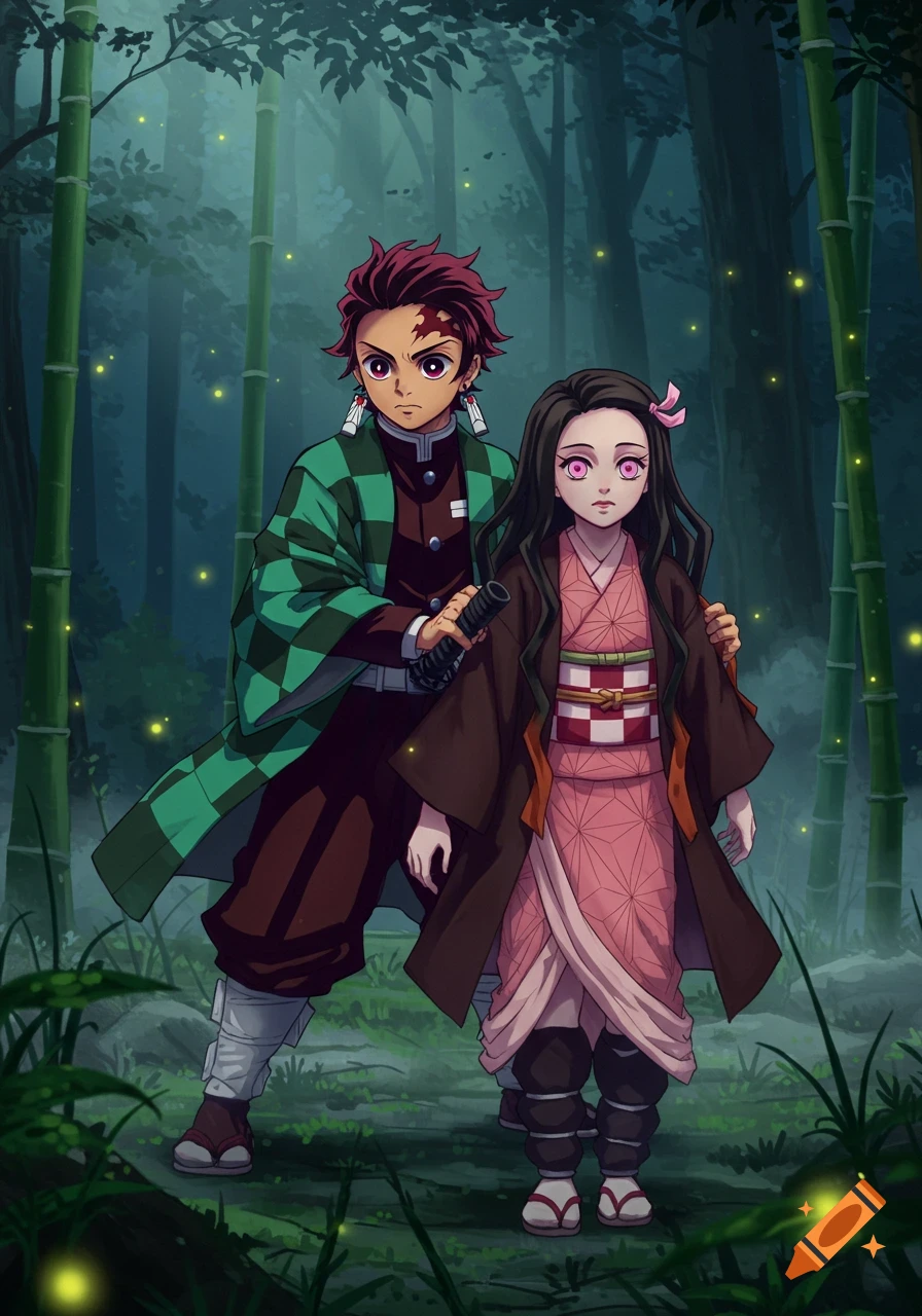 Tanjiro and Nezuko from Demon Slayer stand together in a dark bamboo forest, lit by glowing fireflies.