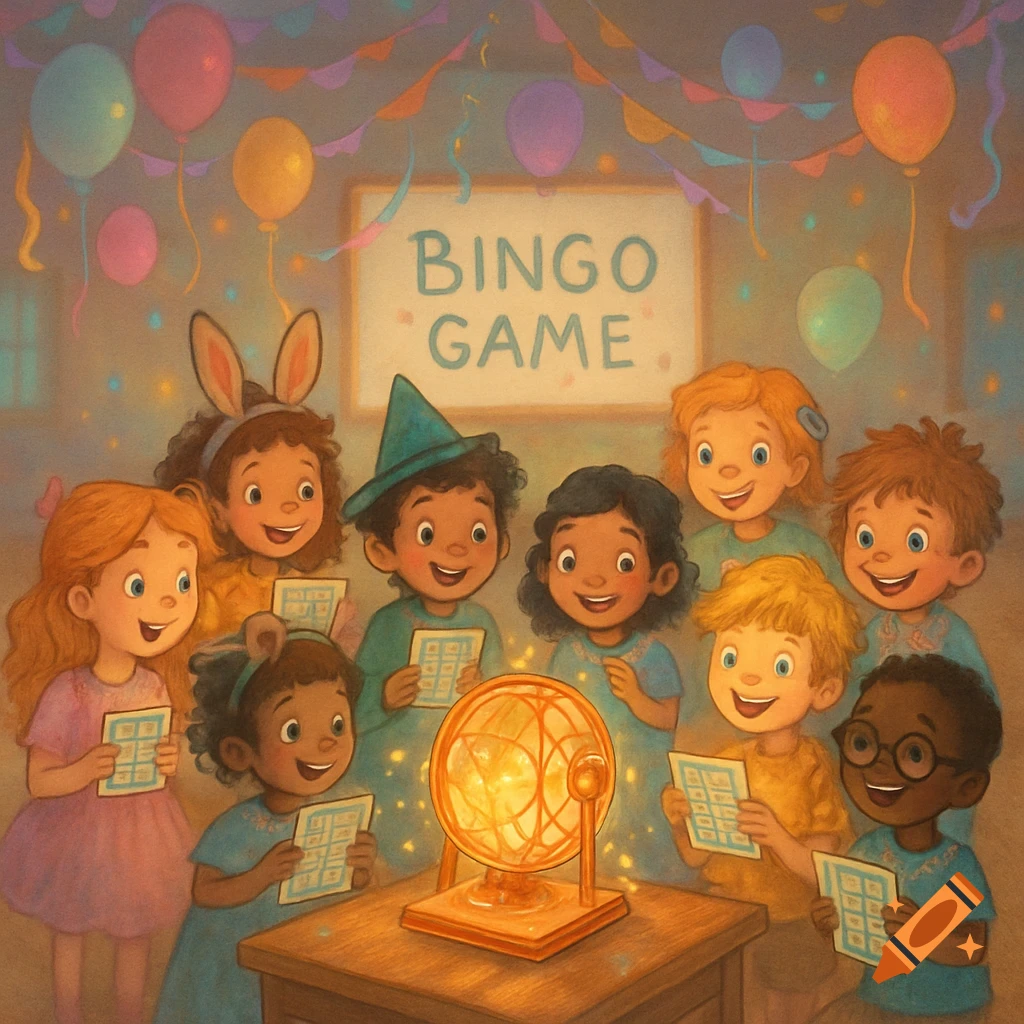 Whimsical illustration of diverse children playing bingo around a glowing bingo cage in a festive room.