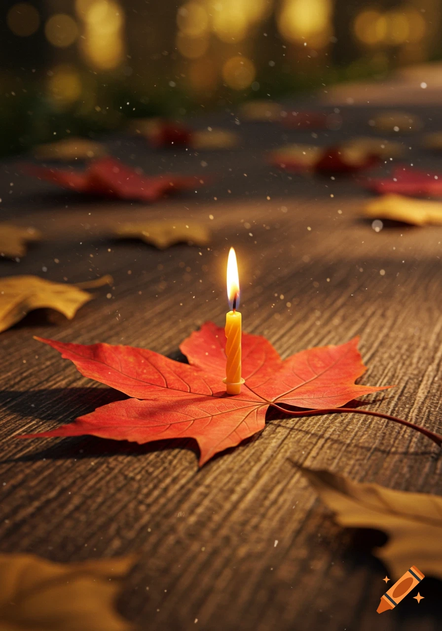 A yellow twisted birthday candle on a bright red maple leaf, illuminated on a wooden surface with warm bokeh and soft falling particles in the background.