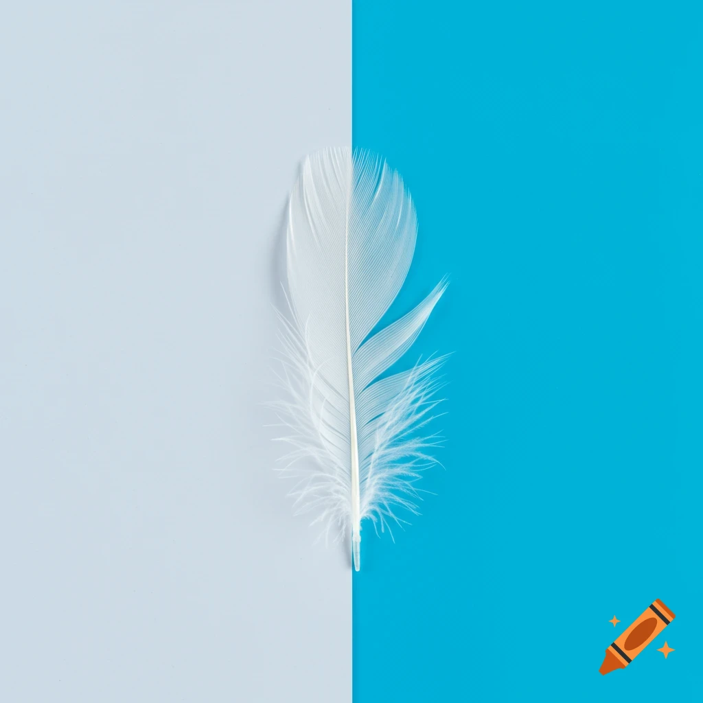 A white feather centered on a background split vertically with light gray-blue on the left and azure blue on the right.