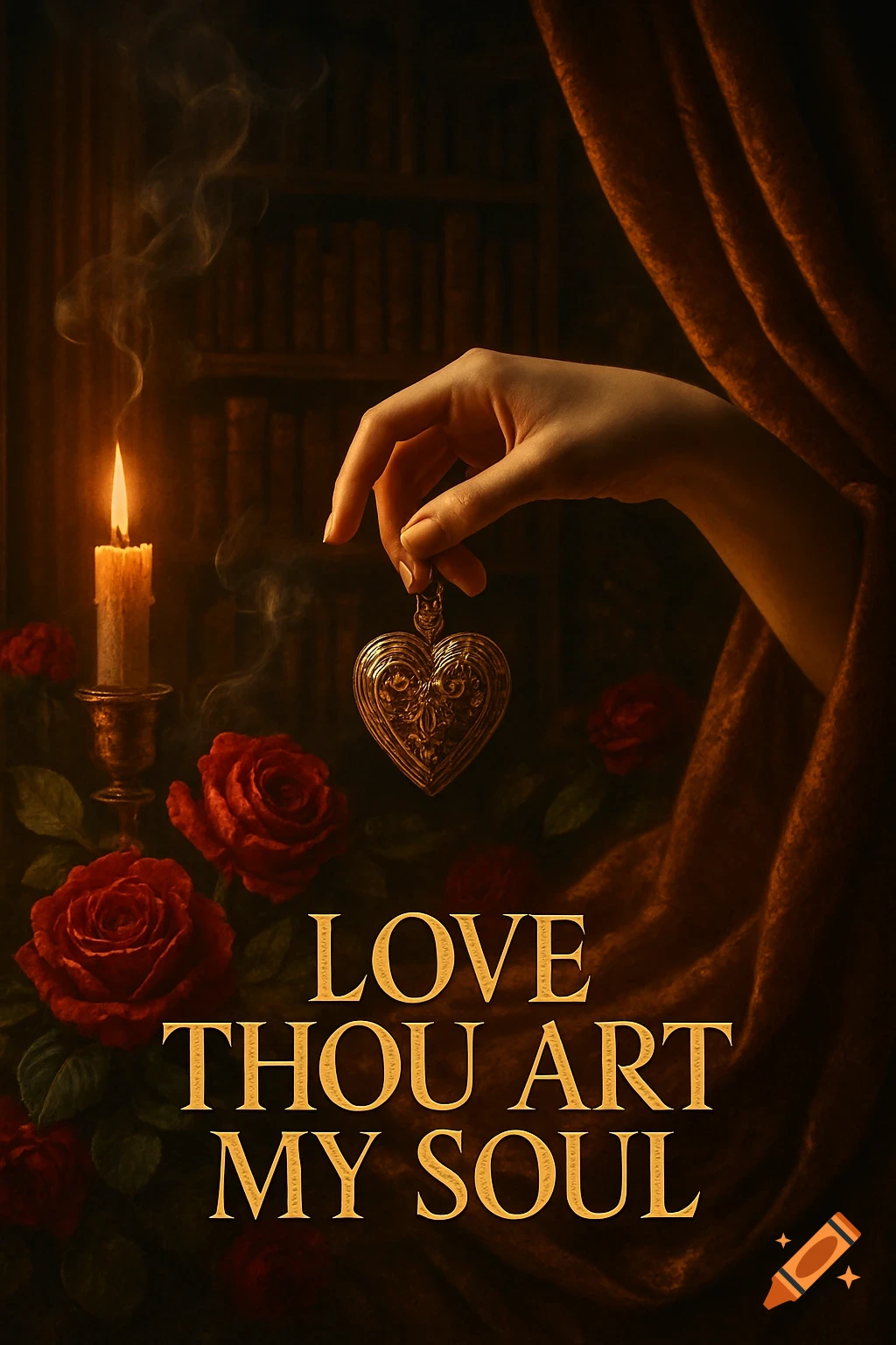 A hand holds an ornate heart locket above the text "LOVE THOU ART MY SOUL" next to a lit candle and red roses in a dark, dramatic setting.
