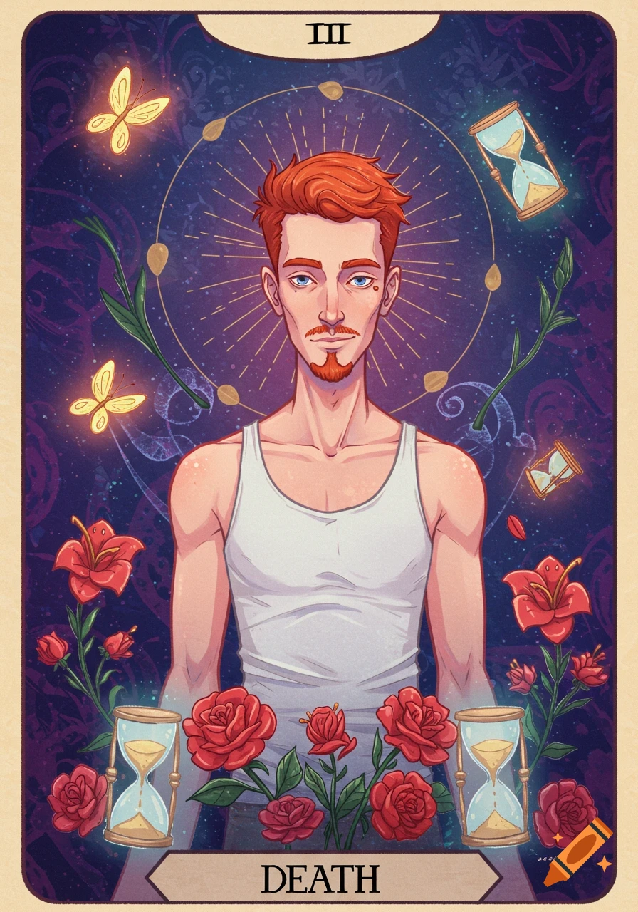 A stylized tarot card of a red-haired man in a white tank top surrounded by roses, butterflies, and hourglasses, labeled "DEATH" with Roman numeral "III".