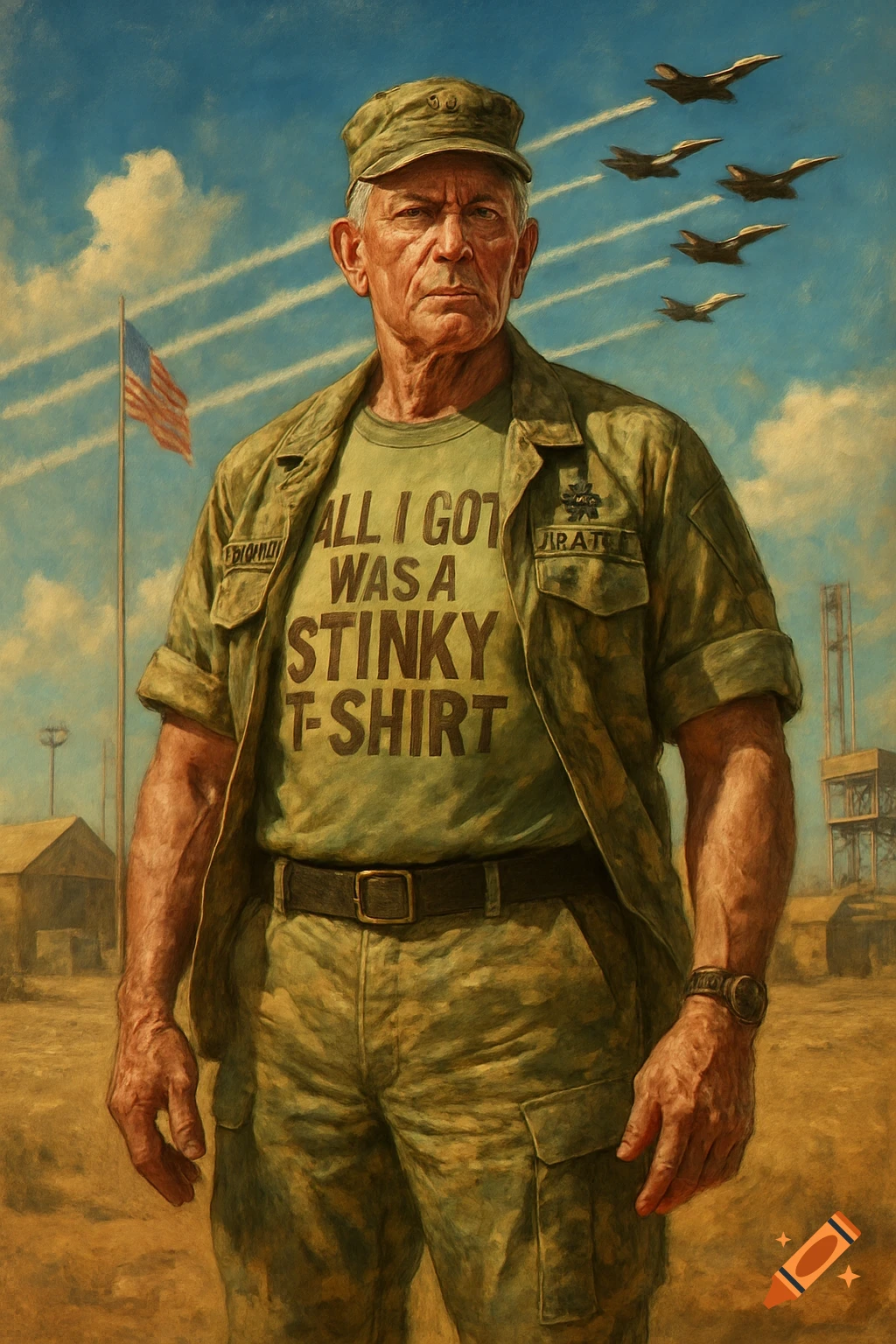 An older, stern-faced U.S. General in military fatigues wears a T-shirt reading "ALL I GOT WAS A STINKY T-SHIRT" with an American flag and fighter jets in the background.