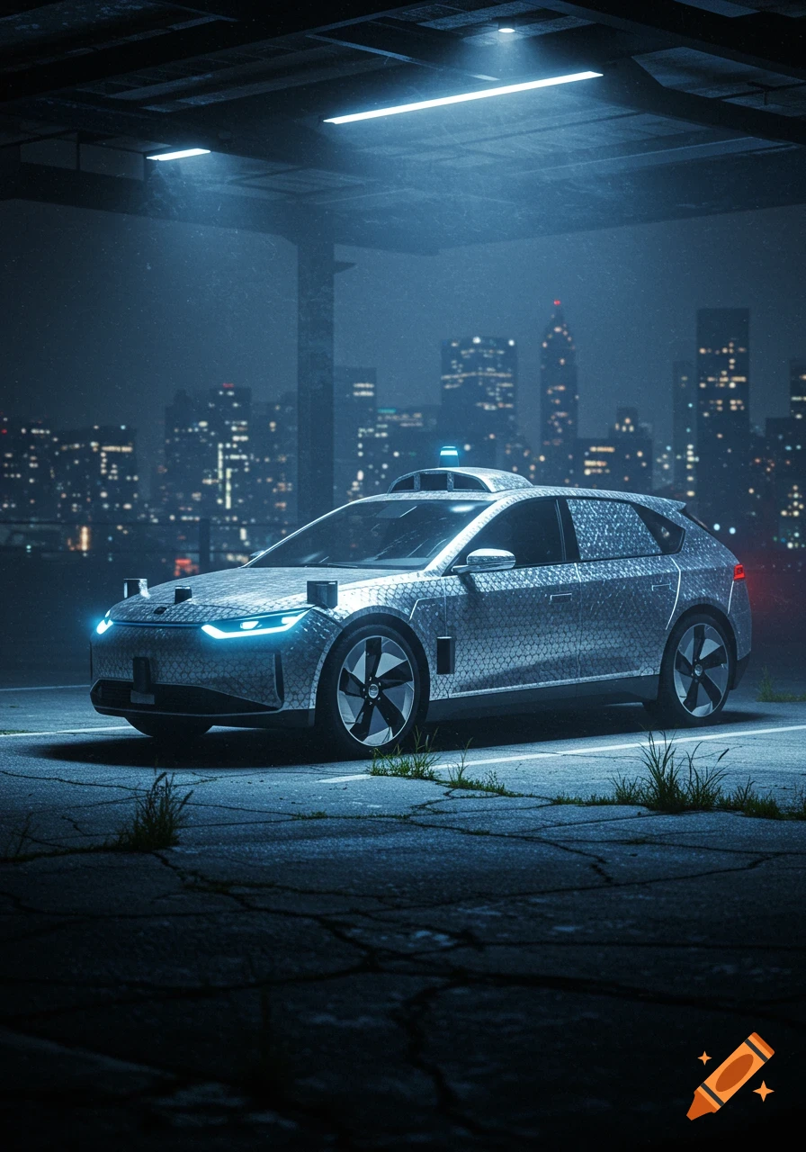 A futuristic armored car with bright blue headlights in a dark parking lot, with a blurred city skyline at night.