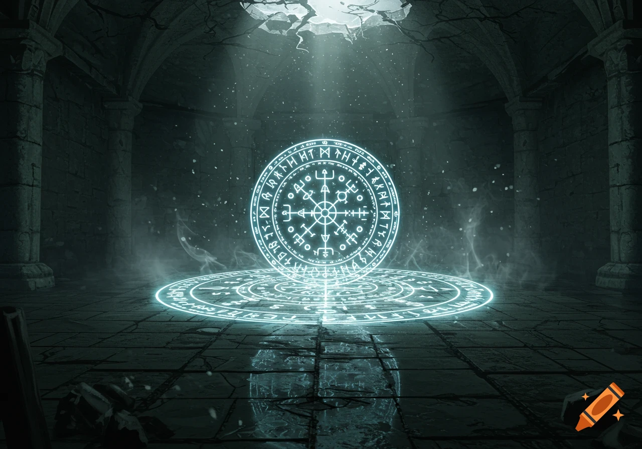 A glowing blue magic circle with intricate runes floats above a matching symbol on a dark, wet stone floor in an ancient chamber.