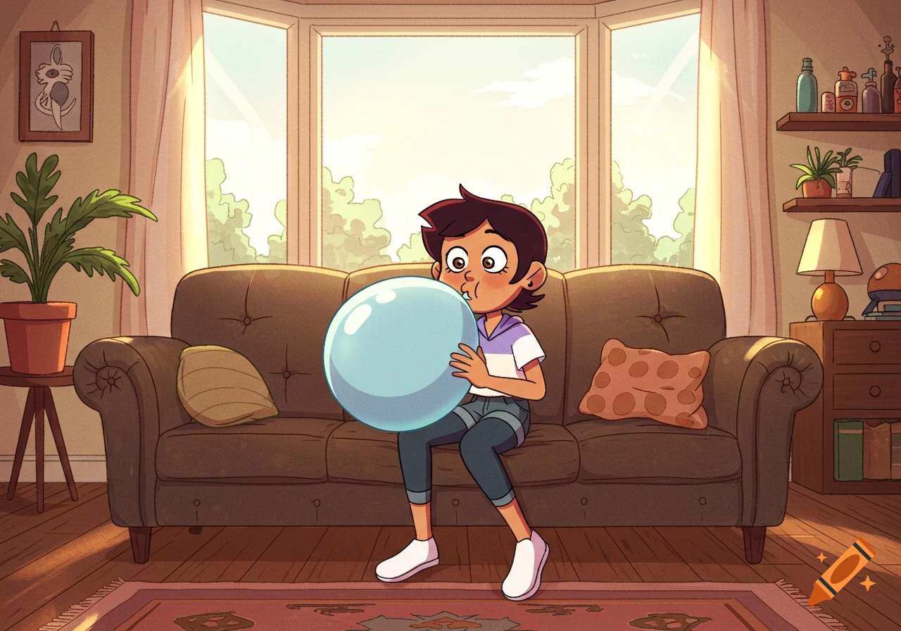 Luz Noceda sits on a brown couch in a sunny living room, blowing a large light blue bubble in a cartoon style.