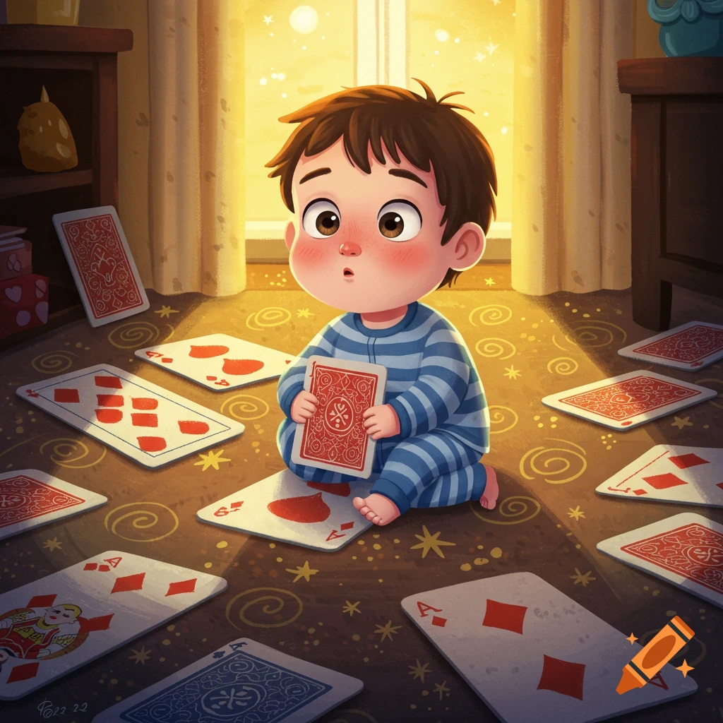 Cartoon image of a confused small child in pajamas sitting on a rug, holding a playing card, surrounded by scattered cards.
