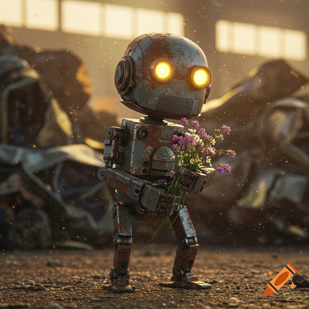 A rusty, small robot with glowing yellow eyes holds a bouquet of purple and white wildflowers in a desolate junkyard, photorealistic.