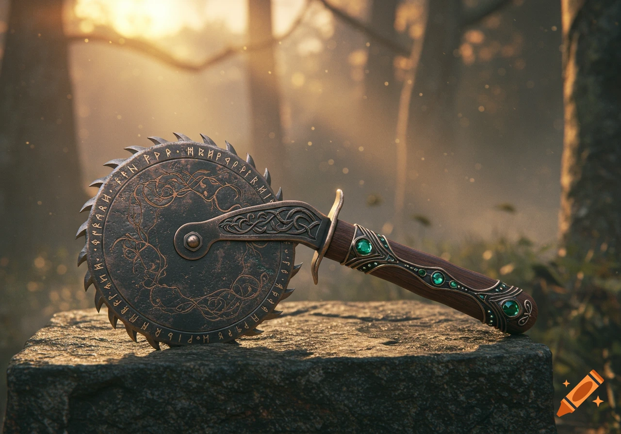 An ornate bronze and wood fantasy pizza cutter weapon with a serrated blade, green gems, and runic carvings rests on a stone in a sunlit forest.