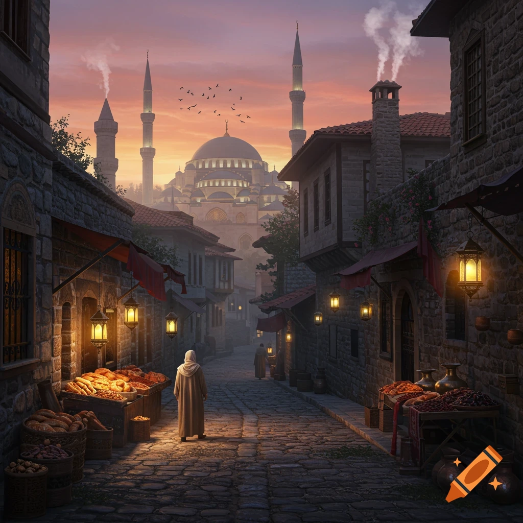 A person walks down a cobbled street lined with market stalls and lanterns, towards a grand mosque at sunset.