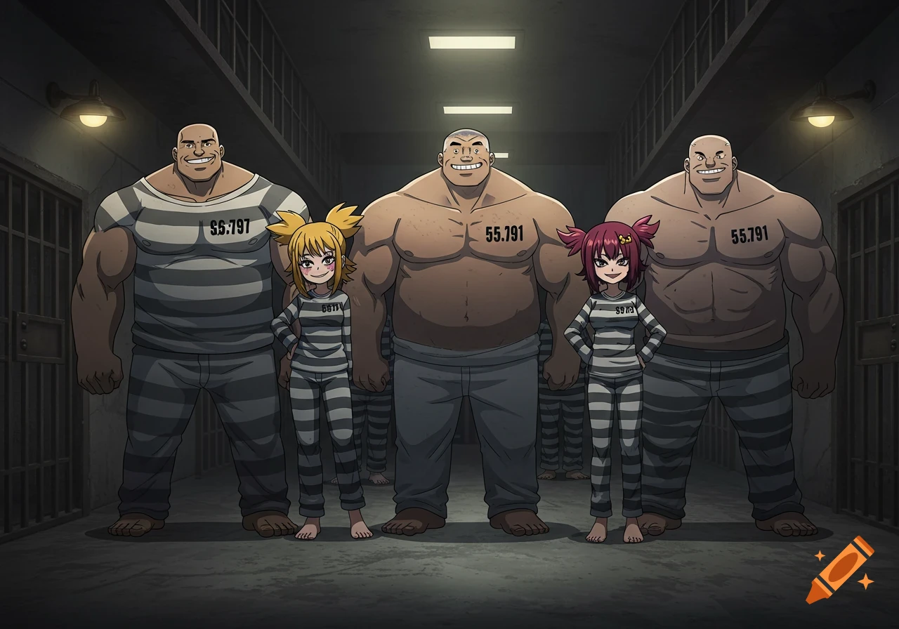 Anime style illustration of three muscular male prisoners and two young female prisoners in striped uniforms, standing in a prison hallway.