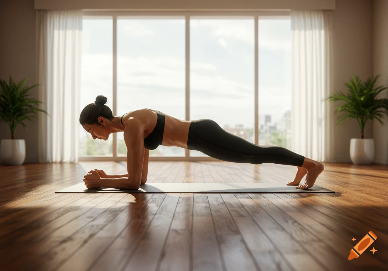 A woman performs an elbow plank on a yoga mat in a sunlit room with large windows and houseplants, photorealistic.