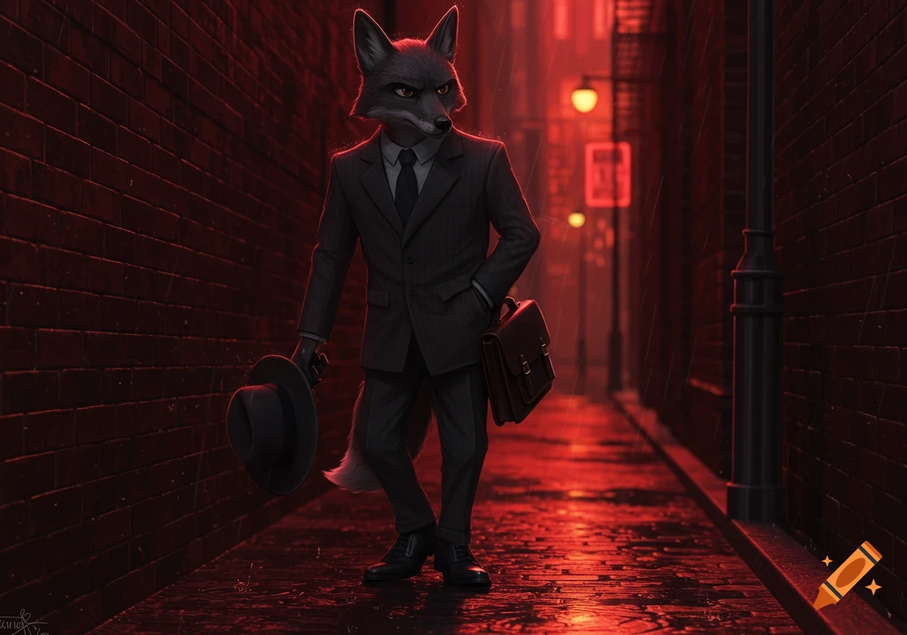 An anthropomorphic fox in a pinstripe suit and fedora stands in a dark, rain-slicked alley with red light, holding a briefcase.