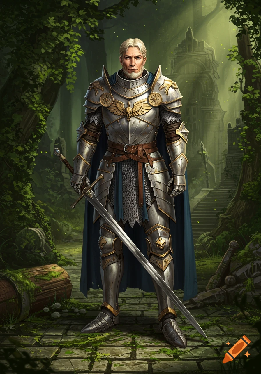 A brave knight in detailed silver and gold armor stands in a lush, magical forest with ancient ruins.