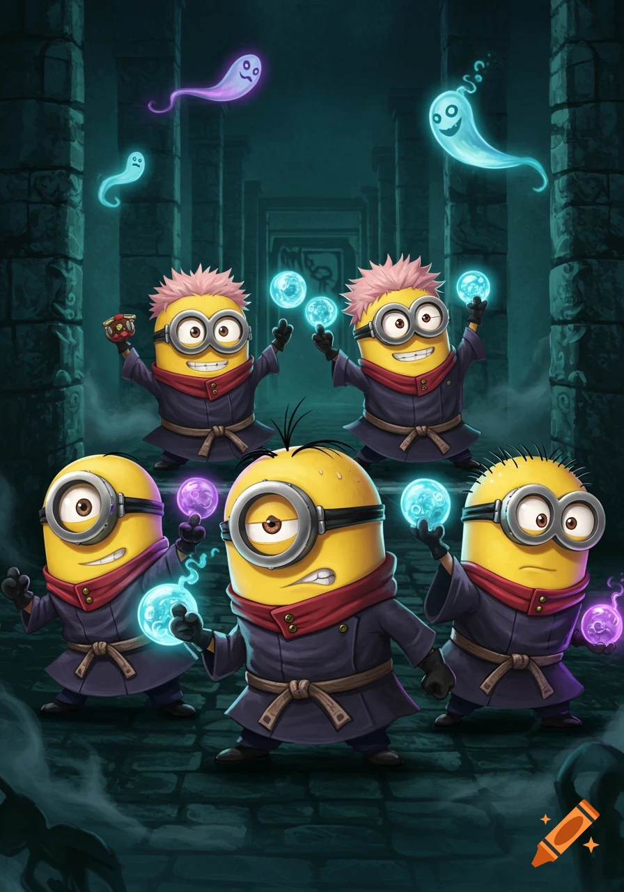 Six Minions dressed as Jujutsu Kaisen characters, with glowing orbs and floating ghosts in a dark stone dungeon.