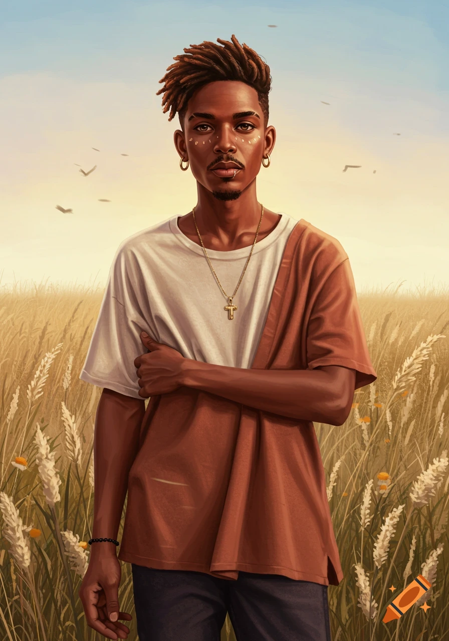 A stylized portrait illustration of a young Black man with dreadlocks and facial markings, standing in a golden wheat field.