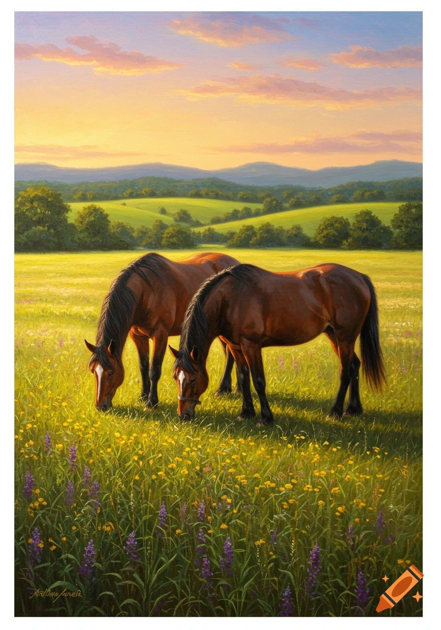 Two brown horses graze in a vibrant green and yellow flower-filled meadow at sunset with rolling hills in the background, painted style.