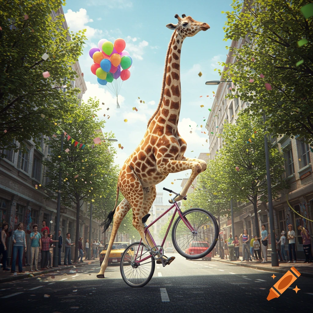 A giant photorealistic giraffe performs a wheelie on a bicycle down a confetti-filled city street, with balloons and onlookers.